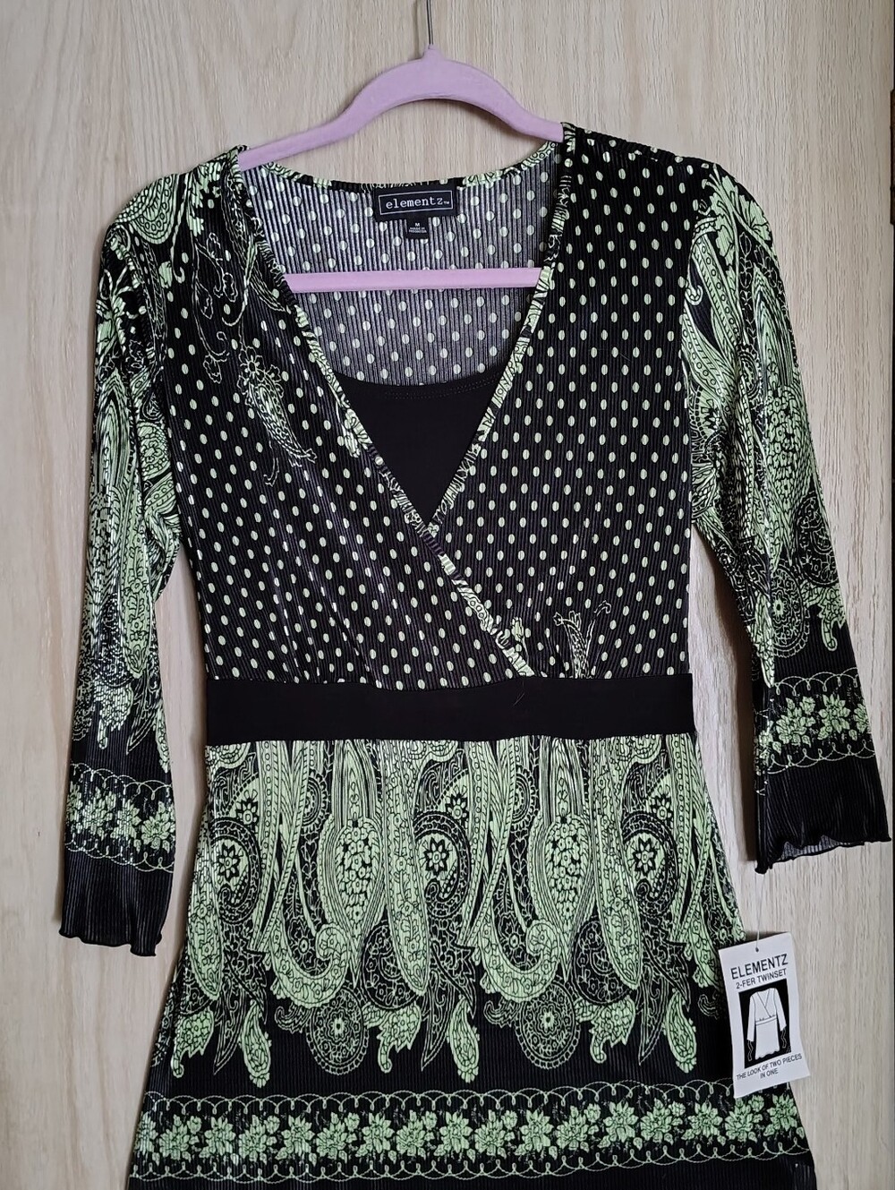 Elementz Black & Light Green Paisley Wrap-Style Tunic